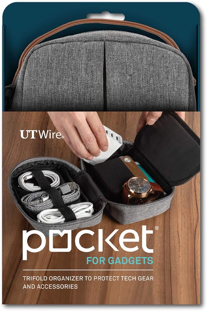UT Wire Pocket for Gadgets – Trifold Travel Case Organizer Pouch Padded for Electronics Accessories, Cables, Tech Gear in Grey