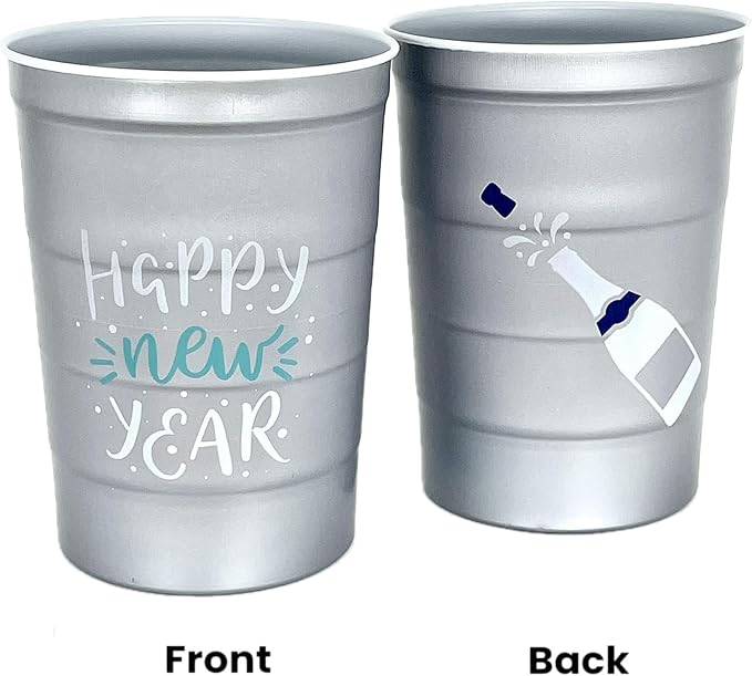 Steel Chill Cups 16 oz. Party Cups 'Happy New Year' Champagne Design for Cold Drinks, Durable, Disposable, Recyclable, Made in USA, Gray, 12 Count