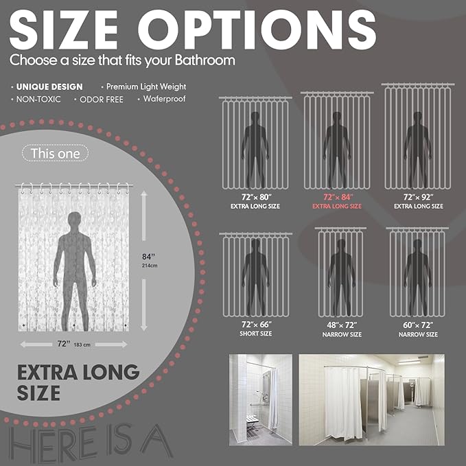 Extra Long 3D Pebble Pattern Waterproof Shower Curtain Liner EVA Shower Curtain with 3 Bottom Magnets, Shower Liner for Shower Stall, Bathtubs, 72 x 84