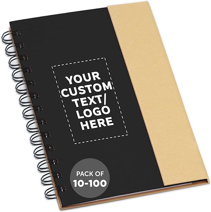 DISCOUNT PROMOS Custom Eco-Friendly Spiral Notebooks with Pens – Set of 10/50/100, Perfect for Mother’s Day Gift – Bulk Pack for School, Office, or Home – Black