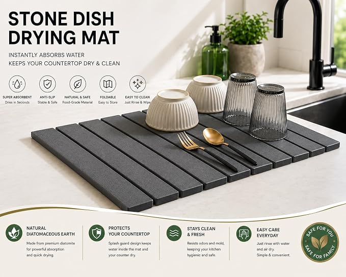 Stone Dish Drying Mat for Kitchen with Sink Splash Guard Counter, Foldable Quick Dry Dish Drying Mats, Absorbent Diatomaceous Earth Stone Drying Mats for Plate Rack Bottles Cups (Gray, 18"L×12"W)