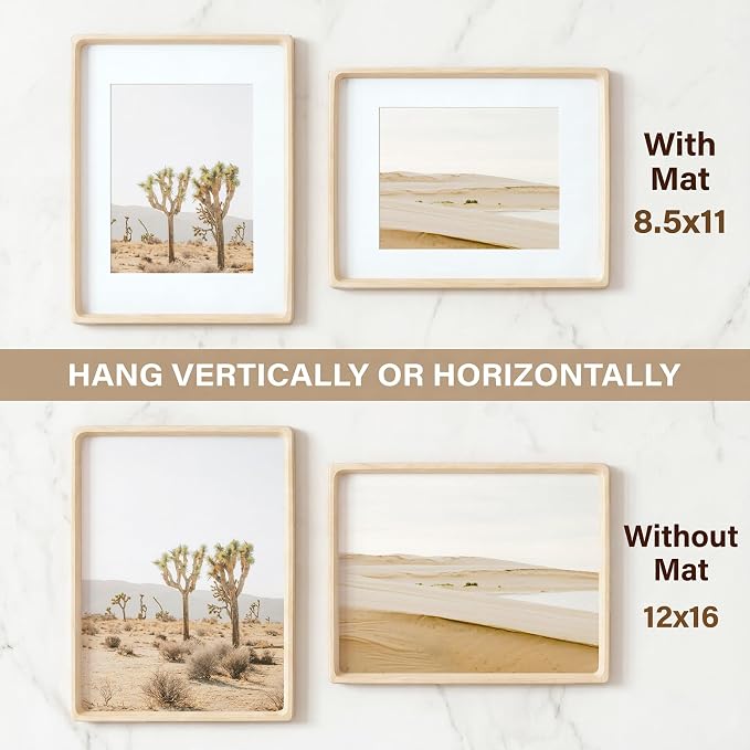 12x16 Picture Frame, USA-Sourced Maple Wood Photo Frames with HD Tempered Glass, Handcrafted Rounded Corner 12 x 16 Wooden Frames Matted to 8.5x11 Photos, Horizontal or Vertical Wall Display