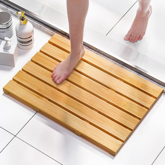 Domax Bamboo Bath Mat - Non Slip Waterproof Wooden Shower Floor Mat for Bathroom, Sauna, Spa, Outdoor Use (Natural, 21.26 x 14.17 x 1.3 Inch)