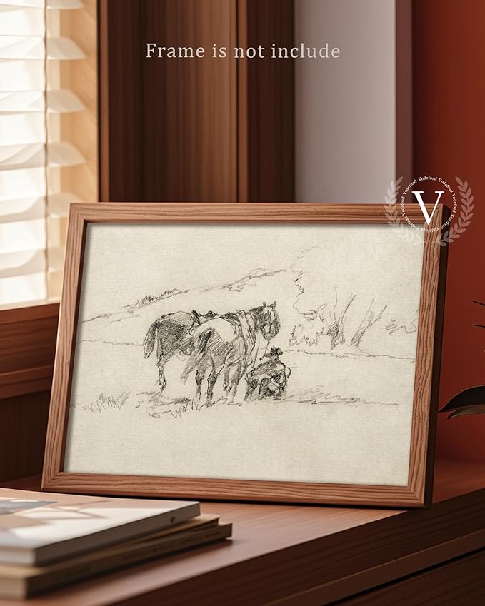 Vodefoad Vintage Western Canvass Wall Art Sketch Cowboy with Horses in a Natural Landscape Minimalist Sketches Decor for Gallery Home Bedroom Farmhouse Bedroom - 8x10Inch Unframe