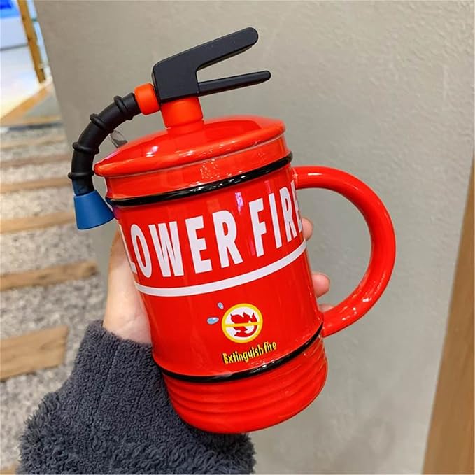 Coffee Mug Cups Ceramic Tea Cup Fire Extinguisher Shaped Handmade Cute Mugs With Lid Spoon Handle Office Home Hot Ice Chocolate Milk Mugs Gifts Microwave Dishwasher Safe Travel Mugs (Red)