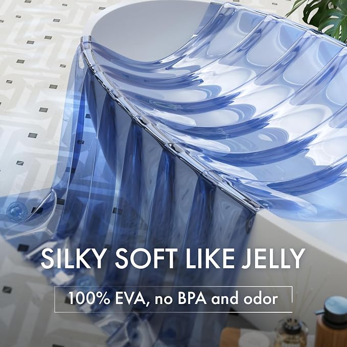AmazerBath No Hook Shower Curtain and Liner 3-in-1, Luxury Heavy Duty Clear Blue No Hook Shower Liner, 72x75 100% EVA Hookless Shower Curtain with 3 Heavyweight Stones