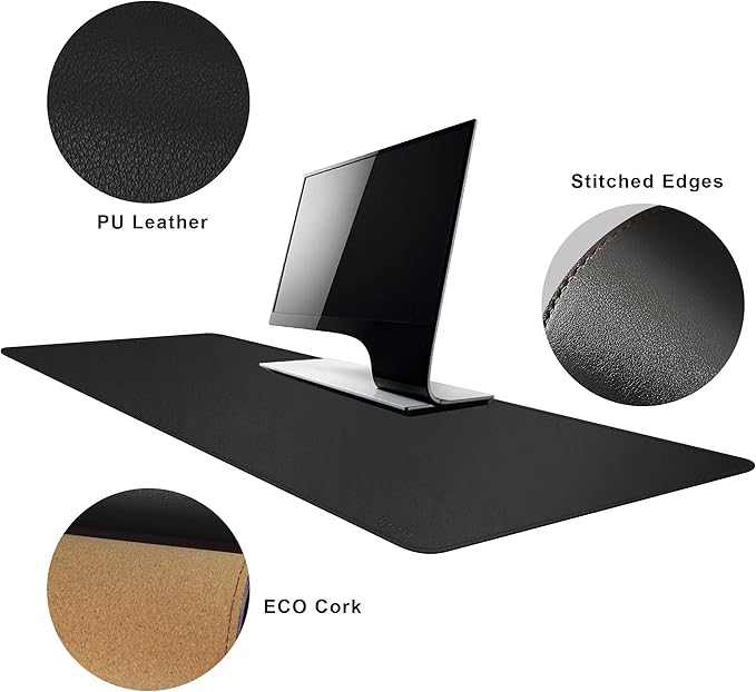 MAIDERN 47.2" x 15.7" Cork & Leather Desk Pad, Large XXL Mat, Full Mouse Pad, Dual Sided Protector for Gaming Home Office (Black)