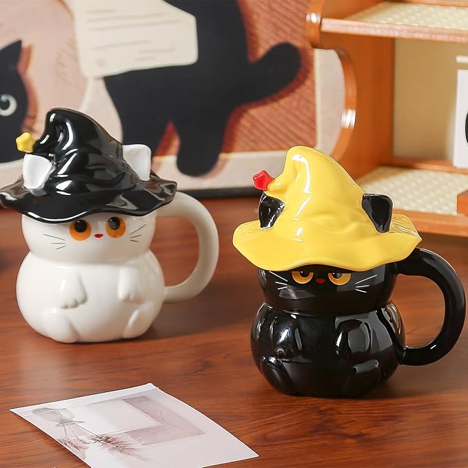 Coffee Mug Cups Ceramic Tea Cup Cute 3D Bichon Frise Dog Shaped Handmade Pottery Cute Mugs Handle Office Home Hot Ice Chocolate Milk Mugs Gifts Microwave Dishwasher Safe 14 Oz Travel Mug (White cat)