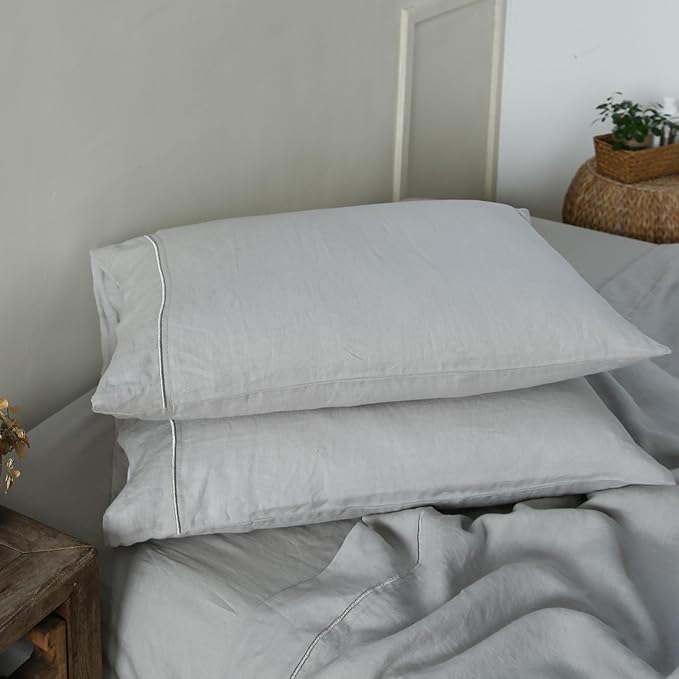 100% French Linen Pillowcases with Embroidery - Pack of 2 - Washed Solid Color Natural Flax Soft Breathable - Grey, 20'' x 40''