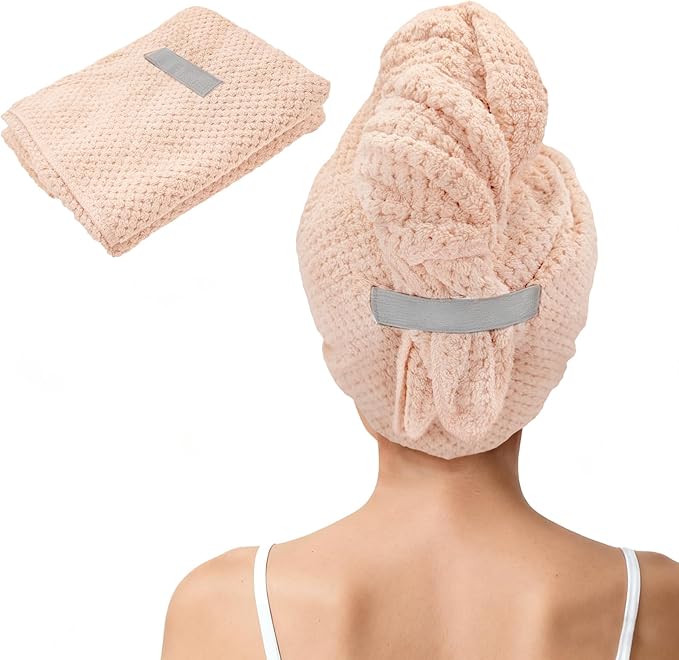 Large Microfiber Hair Towel for Women, Super Soft Absorbent Quick Dry Hair Towels Wrap with Elastic Band, Hair Drying Towels Anti Frizz Hair for Curly Long Wet Hair Care 24''x40'' (Pink)