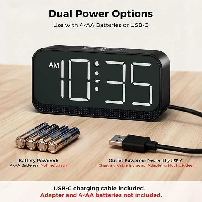 Acedeck Battery Operated Digital Clock: Cordless Small Alarm Clock for Bedroom Travel - Large Numbers 4 Dimmers for All Ages White Digits