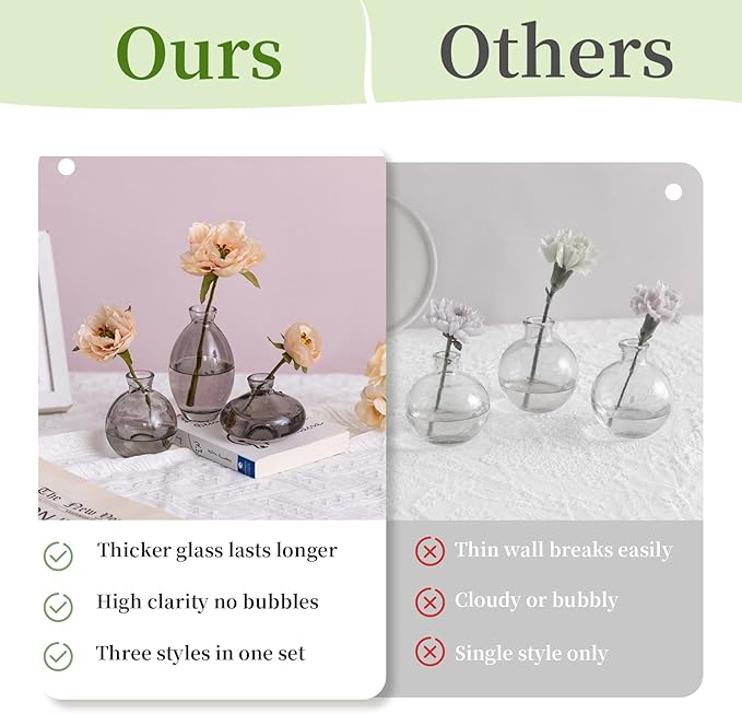 Glass Bud Vase for Centerpieces, 6Pcs/2Sets Glasseam Modern Gray Mini Small Vases for Flowers Bulk Flower Vase Set Aesthetic Cute Handmade Tiny Short Wedding Table Centerpiece Decor