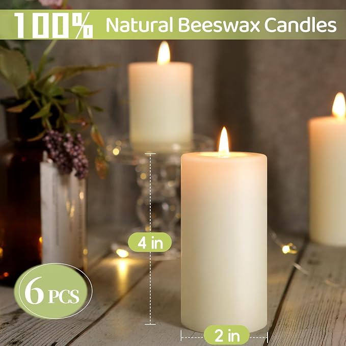 Beeswax Candles Pillar,Ivory White Unscented Candles -258 Hours Long Clean Burning,100% Pure & Natural Bees Wax Candles for Home,Prayer,Dripless Smokeless Organic Pillar Candles Bulk-2x4in-6 Pack