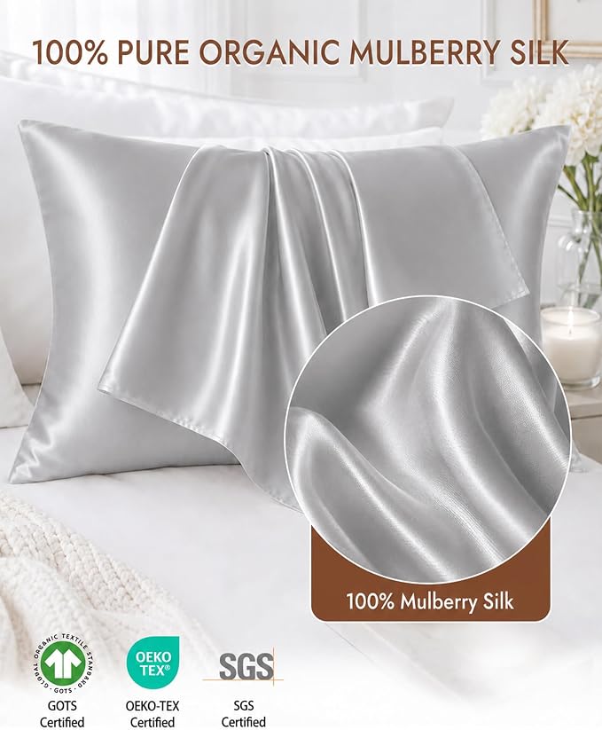 SilkSilky 100% Pure Organic Mulberry Silk Pillowcase for Hair & Skin, Both Sides Grade 6A Pillow Cases with Hidden Zipper, Breathable Cooling Silk for Beauty Sleep (Queen 20''x30'', Silver)
