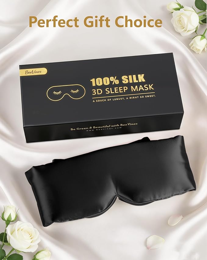 BeeVines 100% 22 Momme Silk 3D Sleep Mask for Men & Women, Luxury Silk 3D Contoured Eye Mask for Lash Extensions, Zero Pressure on Eyes & Blackout for Sleeping, Travel, with Adjustable Band