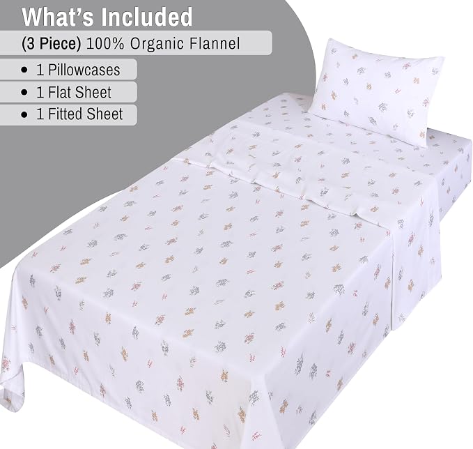 RUVANTI Flannel Sheets Twin XL Size - GOTS Certified 100% Organic Cotton, 3 Piece Warm, Soft & Breathable Set, Deep Pocket Snug Fit, Double Brushed Cozy All Season Bedding, Floral