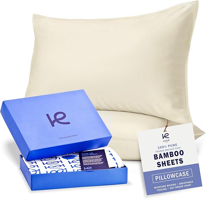 Kickoff Viscose Bamboo Pillowcase, Queen, Set of 2, 100% Organic Hidden Zippered Viscose Bamboo Pillow Case Queen Size, Cooling Pillow Cover for Hot Sleepers (20"x30" Buttercream)