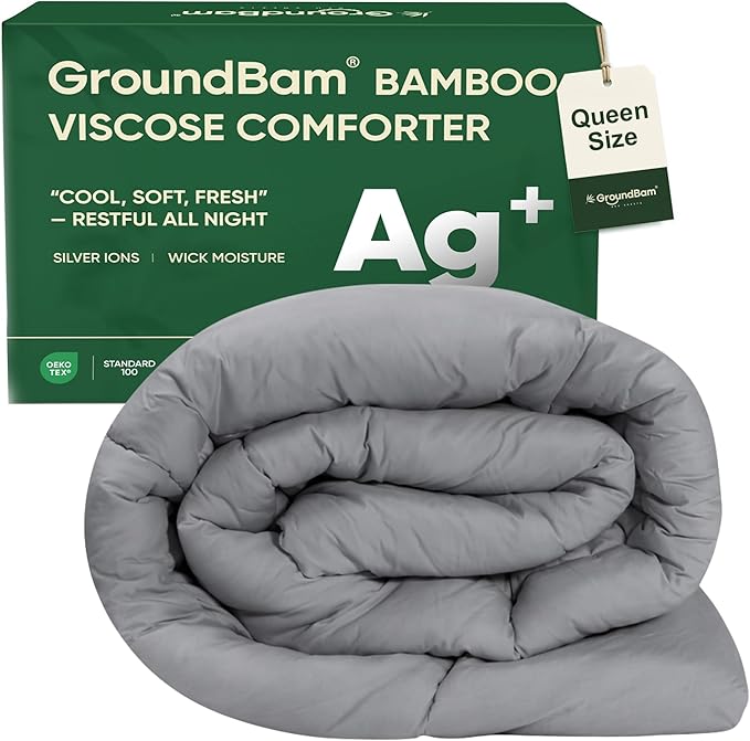 Cooling All-Season Down Alternative Comforter, Silver-Treated Lightweight Duvet Insert, Cool-to-The-Touch Bamboo Comforter, 100% Bamboo Viscose Outer Cover - Gray, Queen