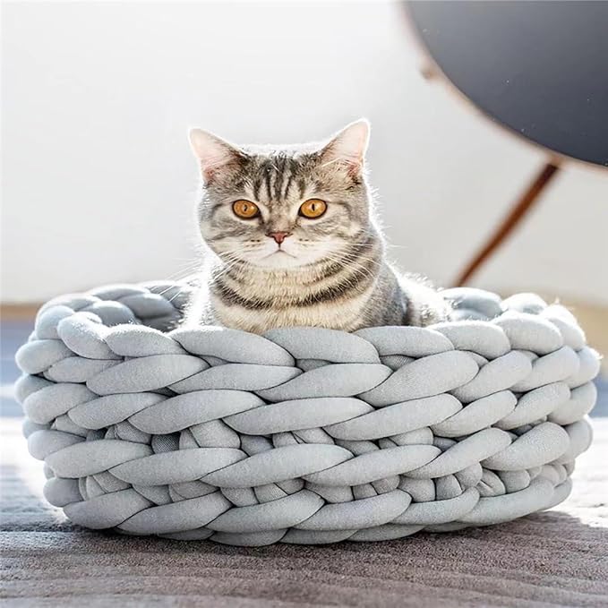 Woven Dog Bed Basket, Knitted Cotton Cat Bed Round Washable Woven Cat Pet Bed Chunky Dog Basket, Orthopedic, Chunky Knit Dog Nest,Dog Bed,Dog Cave,Dog Bedding(Gray,23")