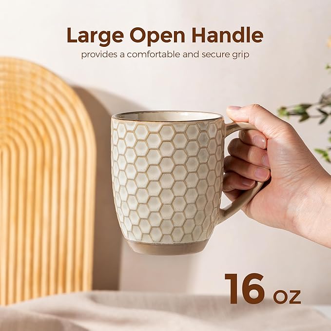 GBhome Large Coffee Mugs Set of 6, 16oz Handmade Embossed Coffee Mugs Set with Large Handle for Cappuccino/Latte/Tea/Hot Cocoa, Dishwasher & Microwave Safe, Khaki