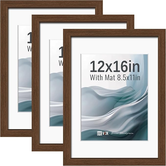 VCK 12x16 Picture Frames Brown 3 Pack, Wide Border Wood, Tempered Glass, Display 8.5x11 Photo with Mat or 12 x 16 without, for Home, Office, Gallery, Woodgrain Series, Wall Hanging