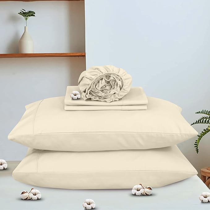 RUVANTI 100% Cotton Organic Percale Sheets Queen Size – Crisp Cooling Bed Sheets for Hot Sleepers, Deep Pocket 15”, Soft Peach Finish, Breathable & Durable Hotel-Style 4 Pcs, Cloud Cream