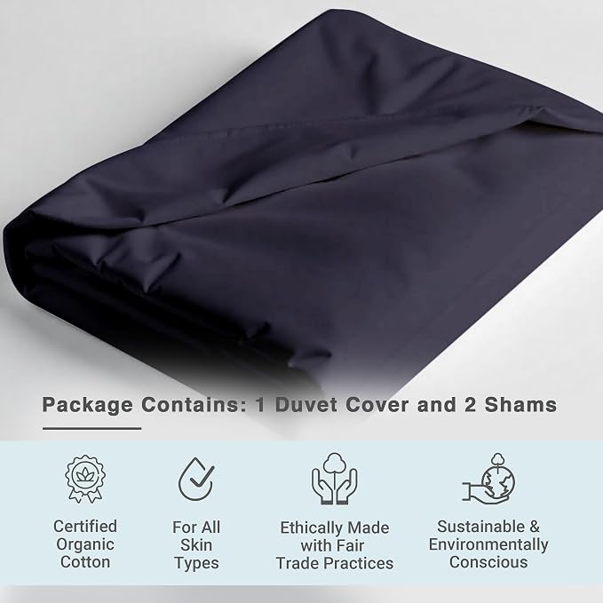 Fabdreams GOTS Certified 100% Organic Cotton Duvet Cover Queen Size - 400 TC Sateen - Soft - Silky - Button Closure - Edge Ties - 1 Duvet Cover (90"x92")+2 Pillow Shams (20"x26") - Dark Grey