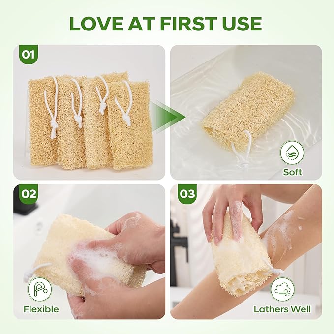 Natural Loofah Sponge 4 Pack, Organic Luffa Sponges Body Scrubber, Exfoliating Loofah Scrubber for Shower, Eco-Friendly Biodegradable Bath Loofahs for Men & Women