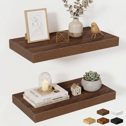 Fun Memories Wood Floating Shelves 20 Inch, 10 Inch Deep Shelves Wall Mount, Wall Shelves with Invisible Bracket, 20" Floating Shelves for Living Room Bathroom Bedroom, Walnut, Set of 2