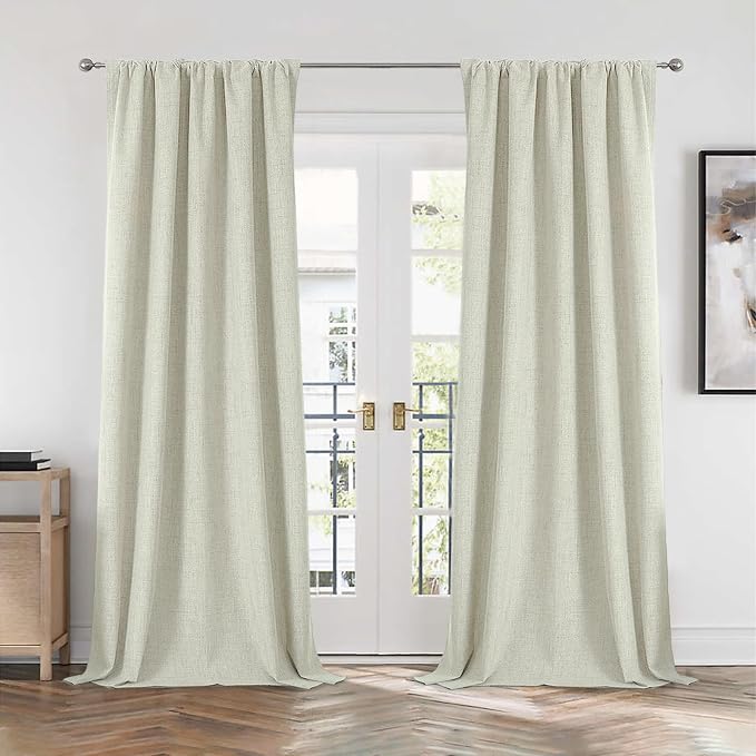 CUCRAF Linen 100% Blackout Curtains 108 Inch Length 2 Panels Set, Back Tab and Rod Pocket Curtain for Living Room Bedroom, Room Darkening Window Drapes Thermal Insulated, (37x108 inch, Light Beige)