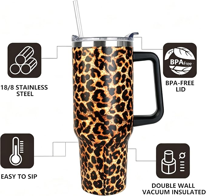 SYACOT 40 oz Tumbler with Handle and Straw Stainless Steel Insulated Tumbler Leak Proof Lid and Straw Lid Reusable Travel Mug Coffee Mug Cup Dishwasher Safe Keep Drinks Cold and Hot (Leopard)