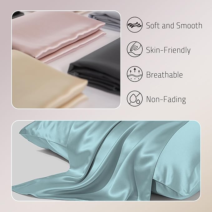 Gabire Mulberry Silk Pillowcases Set of 2, Both Sides Real Silk Pillowcase for Hair and Skin Prevent Acne Pillowcase Organic Silk Pillow case 2 Pack with Hidden Zipper, Haze Blue, Standard (20"×26")