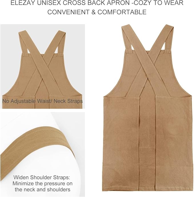ELEZAY Aprons for Women with Pockets Plus Size Comfort Cross Back No Tie Cotton Linen Apron Pinafore