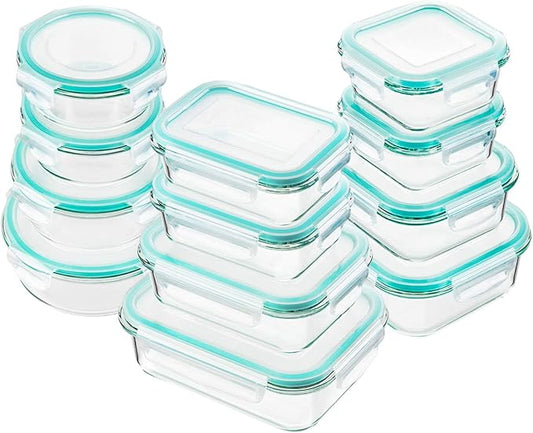 Bayco Glass Food Storage Containers with Lids, [24 Piece] Meal Prep, Airtight Bento Boxes, Leak Proof (12 lids & 12 Containers) - Blue
