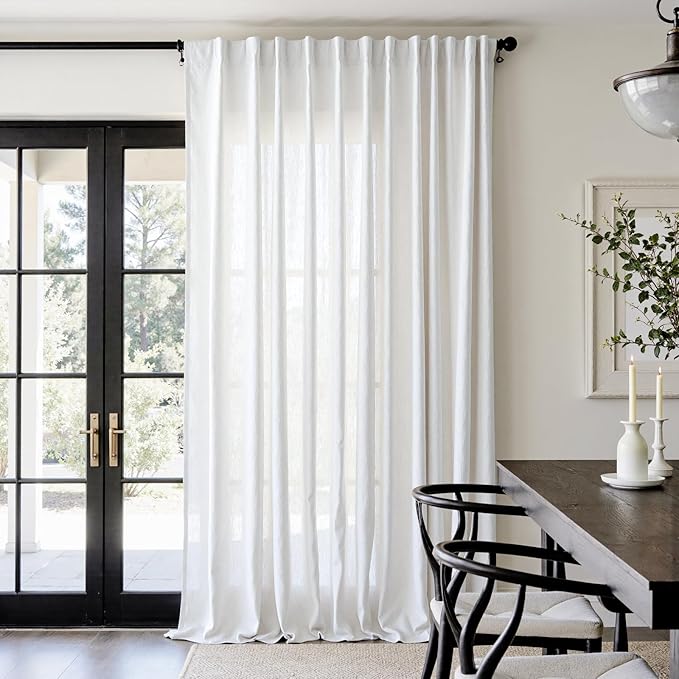 jinchan Extra Wide Sliding Door Curtain 108 Inch Length White Linen Curtains Semi Sheer Drapes for Patio Door Living Room Bedroom Floor to Ceiling Light Filtering Drapes 100 Inches Wide 1 Panel