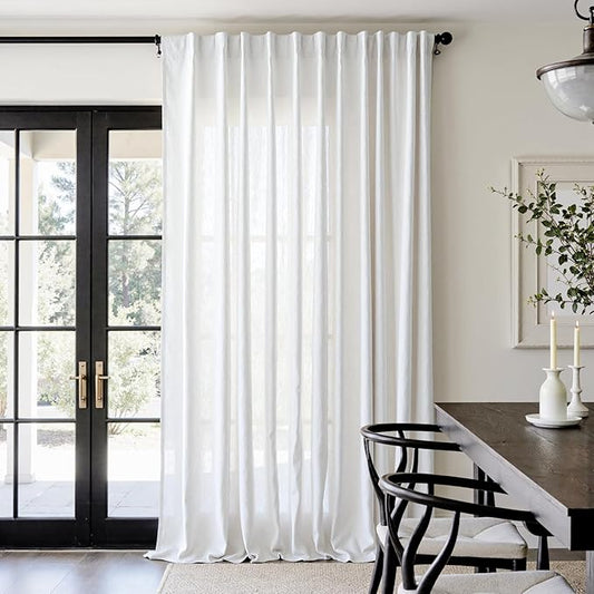 jinchan Extra Wide Sliding Door Curtain 108 Inch Length White Linen Curtains Semi Sheer Drapes for Patio Door Living Room Bedroom Floor to Ceiling Light Filtering Drapes 100 Inches Wide 1 Panel
