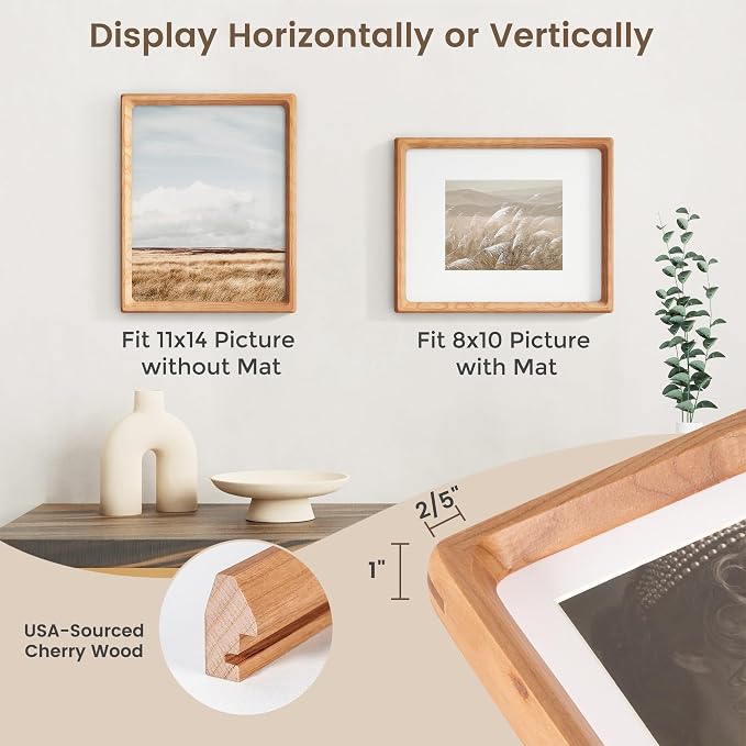 11x14 Picture Frame, USA-Sourced Cherry Wood Photo Frame with HD Tempered Glass, Handcrafted Rounded Corner 11 x 14 Wooden Frames Matted to 8x10 Photos, Horizontal or Vertical Wall Display-2p | Hd Tempered Glass