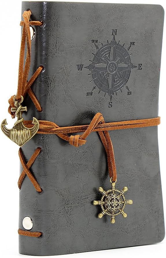 EvZ Retro Gray Leather Journal - 5" Refillable Vintage Nautical Notebook with Anchor & Rudder Pendants - Small Spiral Blank Sketchbook for Travel, Daily Planning & Art - Classic Embossed Diary, Slate Gray