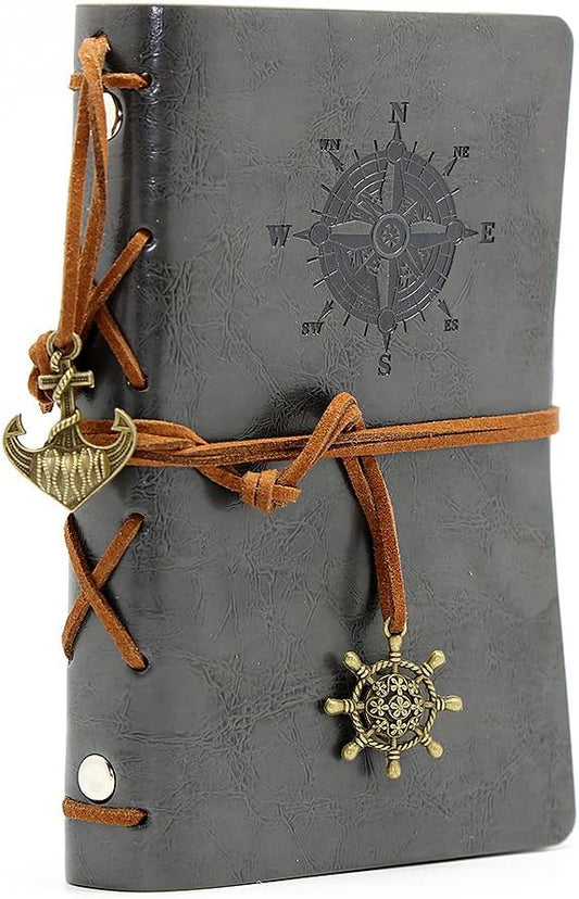 EvZ Retro Gray Leather Journal - 5" Refillable Vintage Nautical Notebook with Anchor & Rudder Pendants - Small Spiral Blank Sketchbook for Travel, Daily Planning & Art - Classic Embossed Diary, Slate Gray