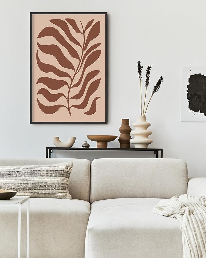 Abstract Organic Leaf Silhouette Wall Art Botanical Shapes Earth Tones Terracotta Mid Century Modern 24x36 Inch Oak Wood Black Framed Minimalist Print for Bedroom Decor