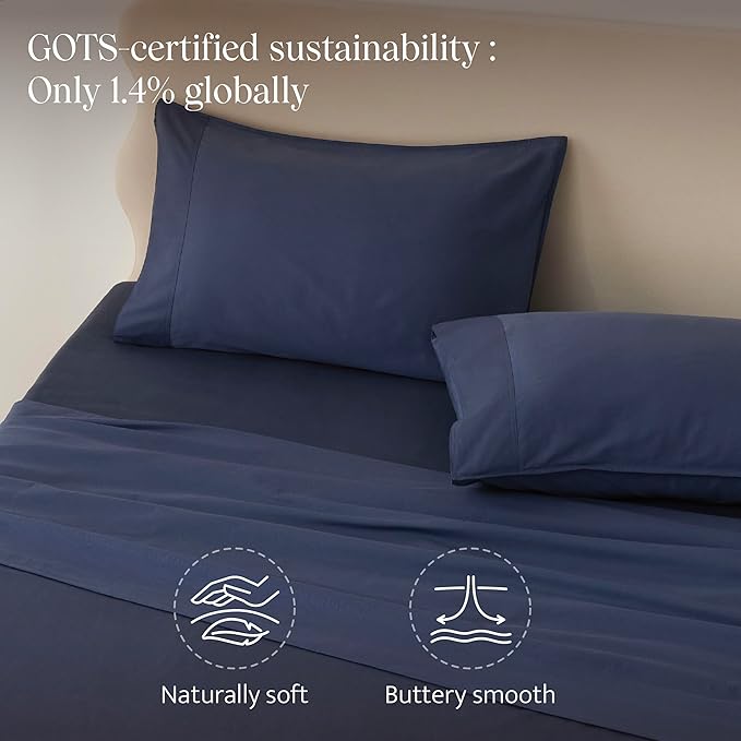 Double Stitch 100% Organic Cotton Sheets, Queen Sheet Set, GOTS Certified Long Staple Cotton Bedsheets, Luxury & Soft Hotel Bed Sheets with 16 inches Deep Pocket, Made in India Navy