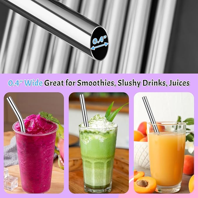 NiHome 4-Pack Stainless Steel Straws for Boba, Smoothie, 10.4” Metal Straws | 0.4'' Wide Metal Reusable Straws, 2 Bent & 2 Straight Long Drinking Straw for Bubble Tea, Milkshake Juice, 1 Brush, Silver
