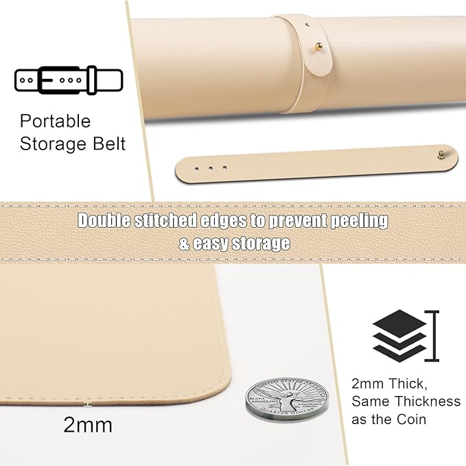 BLESWIN Large Desk Pad 35.4"" x 17"", Non-Slip Desk Mat with PU Leather & Natural Cork, Waterproof Writing Desk Natural Cork, Computer Mat Desk Protector for Office Home, Apricot