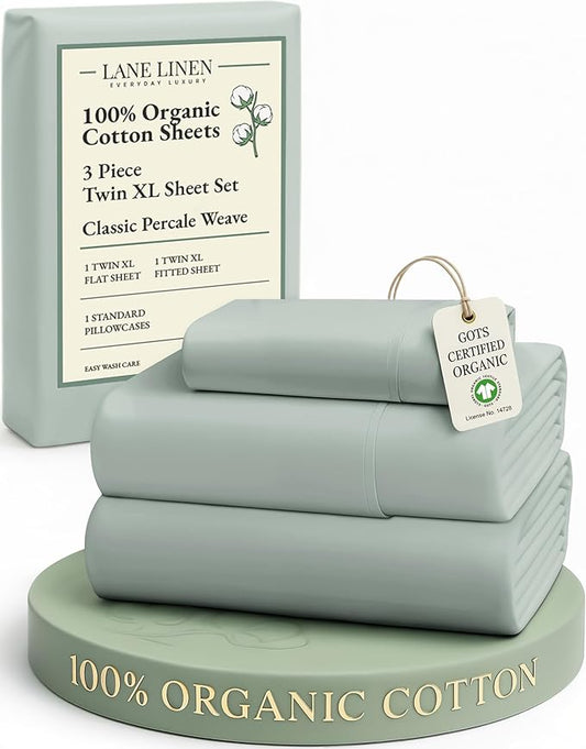LANE LINEN 100% Organic Cotton Extra Long Twin Sheet & Pillowcase Sets, 15" Deep Pocket Fully Elasticized, Naturally Temperature Regulating Cotton Sheets Twin XL Bed Sheets- Cool Blue