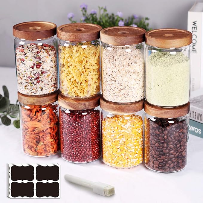 SAIOOL Stackable Kitchen Canisters Set of 8,High Borosilicate Glass Cylinder Airtight Food Storage, sort out the tea, flour, candies, grain easily and clearly | Cylinder Shape, Airtight Food Storage, For Tea, Flour, Candies, Grain, Clear Visibility