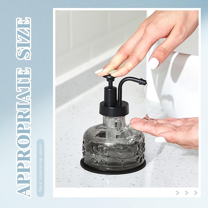 Tioncy 2 Pcs Antique Soap Dispenser Kitchen Bathroom Countertop Glass Soap Pump Dispenser Refillable Rustic Small Liquid Container with Non Slip Silicone Coaster(Black)