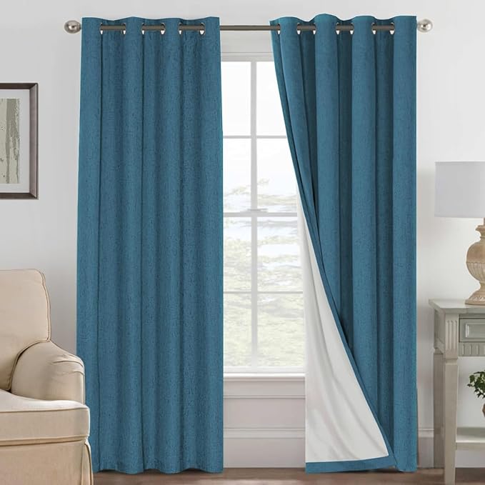 H.VERSAILTEX Blackout Curtains Linen Curtains 120 inches Long 100% Black Out Curtains for Bedroom Windows, Textured Linen Look Draperies Grommet with White Liner, 2 Panels, Blue Sapphire