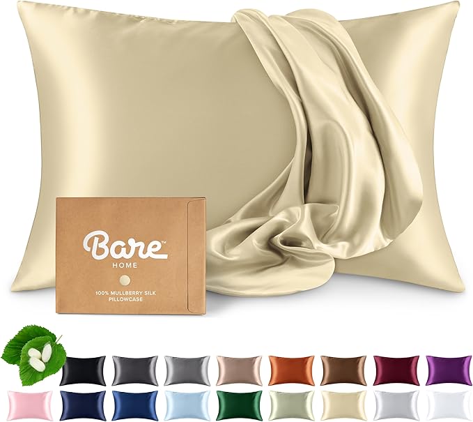 Bare Home 100% Mulberry Silk Pillowcase for Hair and Skin - Ultra Premium 6A Grade 19 Momme Silk Pillow Case - Hidden Zipper - Breathable Cooling Pillow Cover (King, Champagne)
