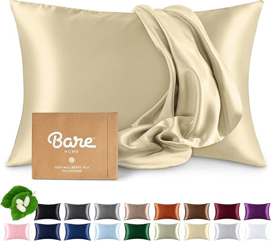 Bare Home 100% Mulberry Silk Pillowcase for Hair and Skin - Ultra Premium 6A Grade 19 Momme Silk Pillow Case - Envelope Enclosure - Breathable Cooling Pillow Cover (Queen, Champagne)