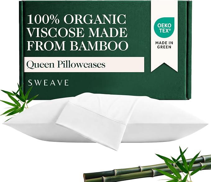 100% Organically Grown Bamboo Viscose Queen Pillowcases Set of 2, Cooling & Breathable, Silky Soft, Double-Stitched with 7-Inch Envelope Flap, Skin Friendly 2 Pcs, White